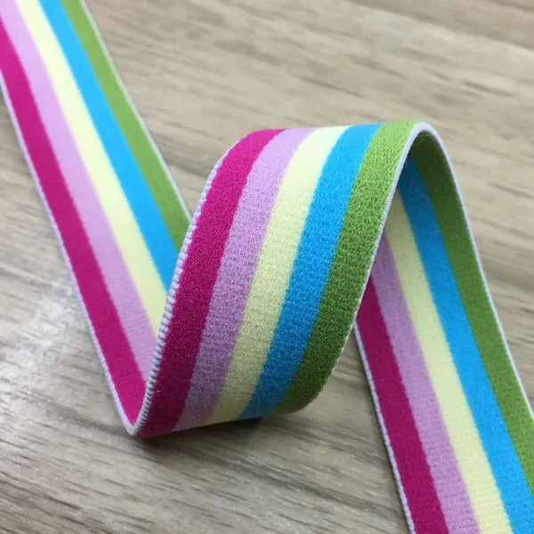 0.85 inch (22mm) Wide Colored Plush Colorful Striped Pink Elastic Band - 1 Yard