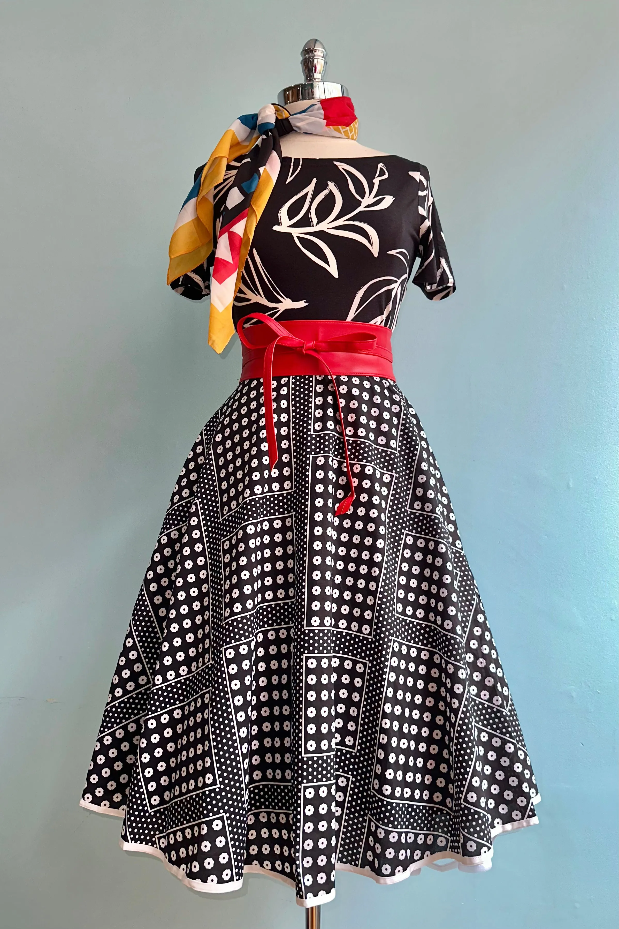 Black and White Floral Patchwork Print Full Skirt by Tulip B.